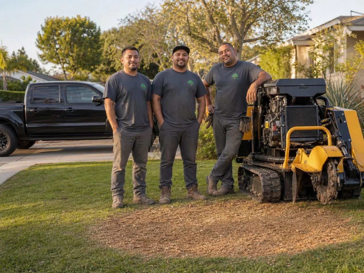 The Clear Peak stump grinding crew standing on a freshly ground stump site next to their equipment and black work pickup truck in a Southern California residential front yard