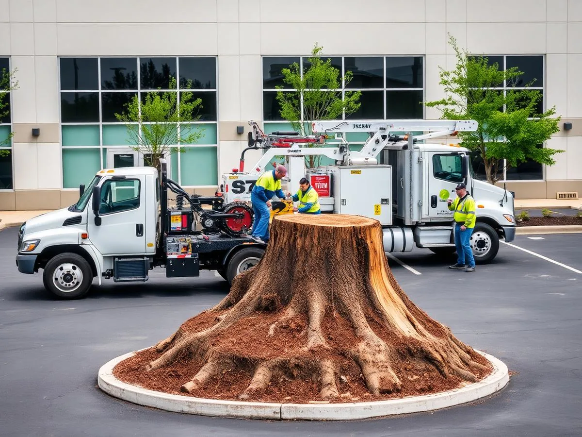 Commercial stump grinding crew removing parking lot planter stumps in Burbank, California