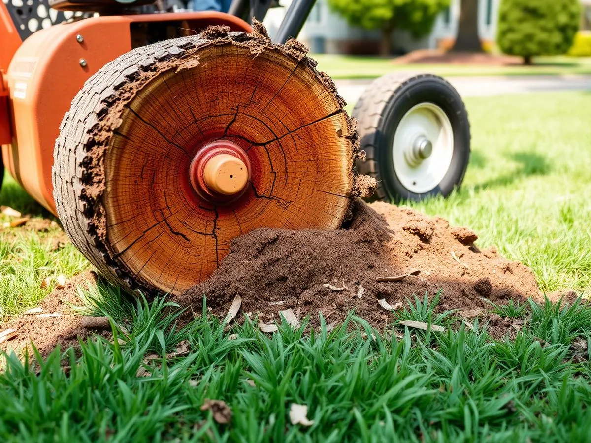 Grinder wheel working across exposed surface tree roots